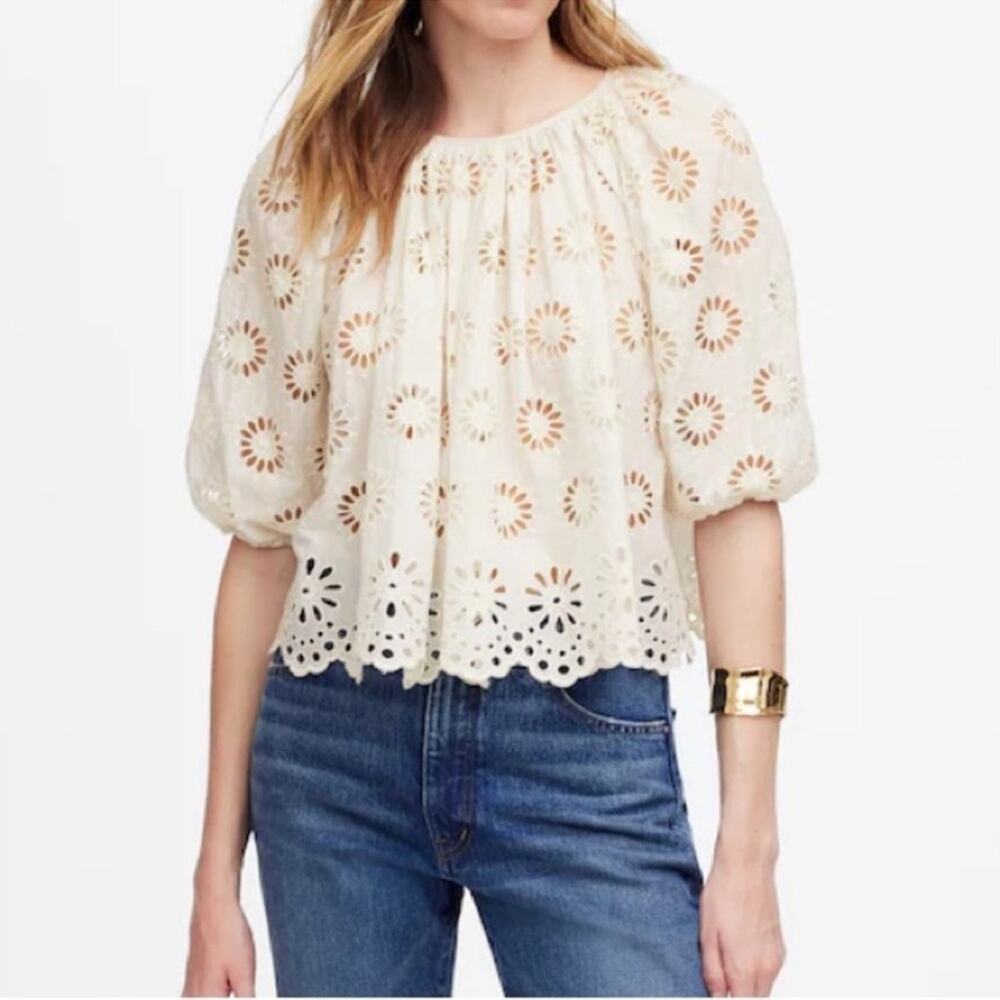 NWT Madewell Embroidered Shirred Puff-Sleeve‎ Top Ivory Blouse Size XXS